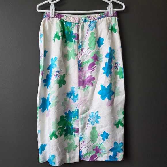 Vintage Adrianna Papell 100% Silk Floral Skirt Set Blue Green Purple Womens 8 - Picture 8 of 13